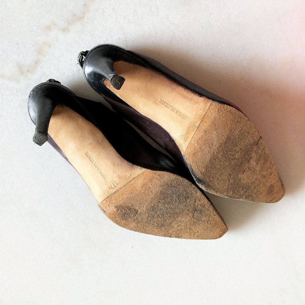Manolo Blahnik black & brown leather slingback heels, pointed toes, stiletto - Picture 6 of 10